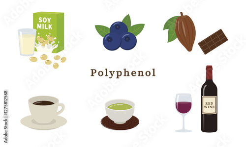 ポリフェノールを含む食品イラストのセット_polyphenols