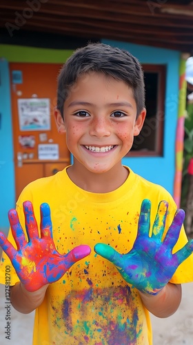 Happy child with painted hands in colorful outdoor classroom photo