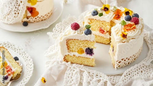 Stunningly Decorated Multilayer Cake with Fresh Berries and Edible Flowers