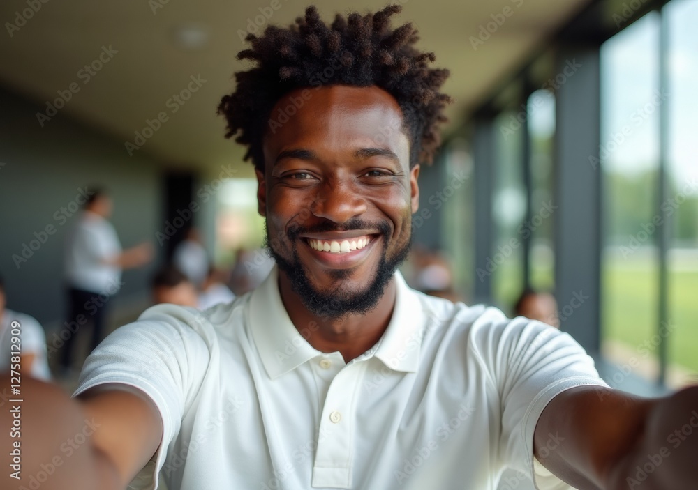 Smiling man taking a selfie in a modern office during a meeting Smiling man taking a selfie in a modern office during a meeting