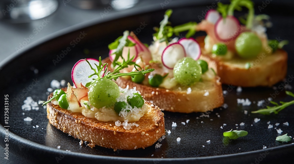 Elegant plating of spring pea and radish crostini, dramatically lit with side shadows, on a deep charcoal backdrop with a fine dining ambiance Elegant plating of spring pea and radish crostini, dramatically lit with side shadows, on a deep charcoal backdrop with a fine dining ambiance