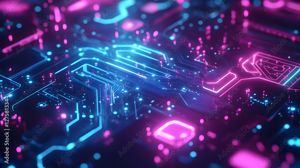 Abstract Futuristic Circuit Board Technology Background with Neon Pink and Blue Glowing Lines Abstract Futuristic Circuit Board Technology Background with Neon Pink and Blue Glowing Lines