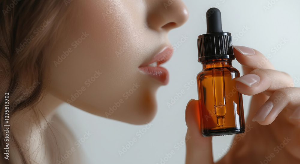 Fototapeta premium close-up of a woman's face and upper body. She is holding a small amber-colored bottle with a dropper in her right hand and is about to take a sip from it.