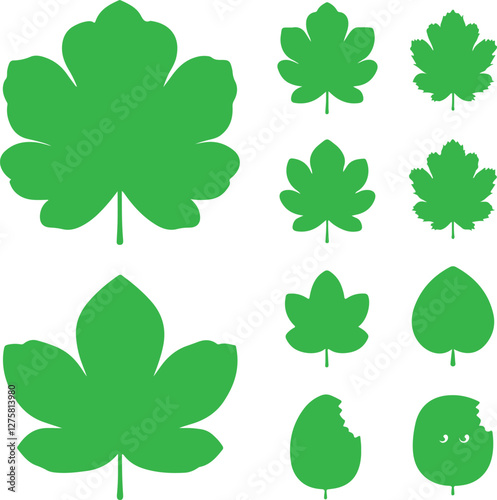 Illustration of various green leaves in different shapes and sizes on a light background.