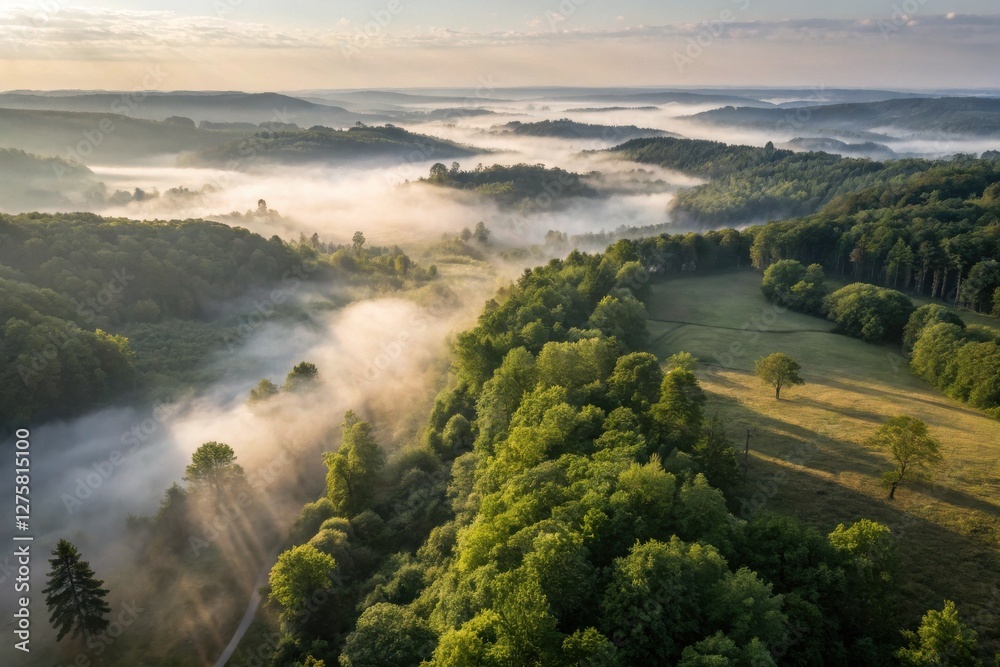 Aerial View of Misty Forest Landscape at Dawn – Capturing Lush Greenery and Rolling Hills Aerial View of Misty Forest Landscape at Dawn – Capturing Lush Greenery and Rolling Hills