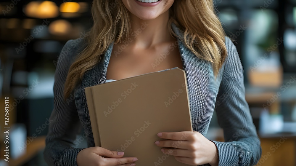 Close up Portrait of a Confident and Successful Businesswoman Holding a Folder Near Her Chest in a Professional Office Environment Close up Portrait of a Confident and Successful Businesswoman Holding a Folder Near Her Chest in a Professional Office Environment