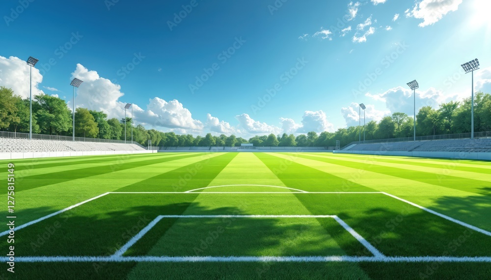 Obraz premium Empty lush green soccer field with white boundary lines, with visible goalposts under blue sky. Sports arena, football pitch for championship, grass turf pattern.