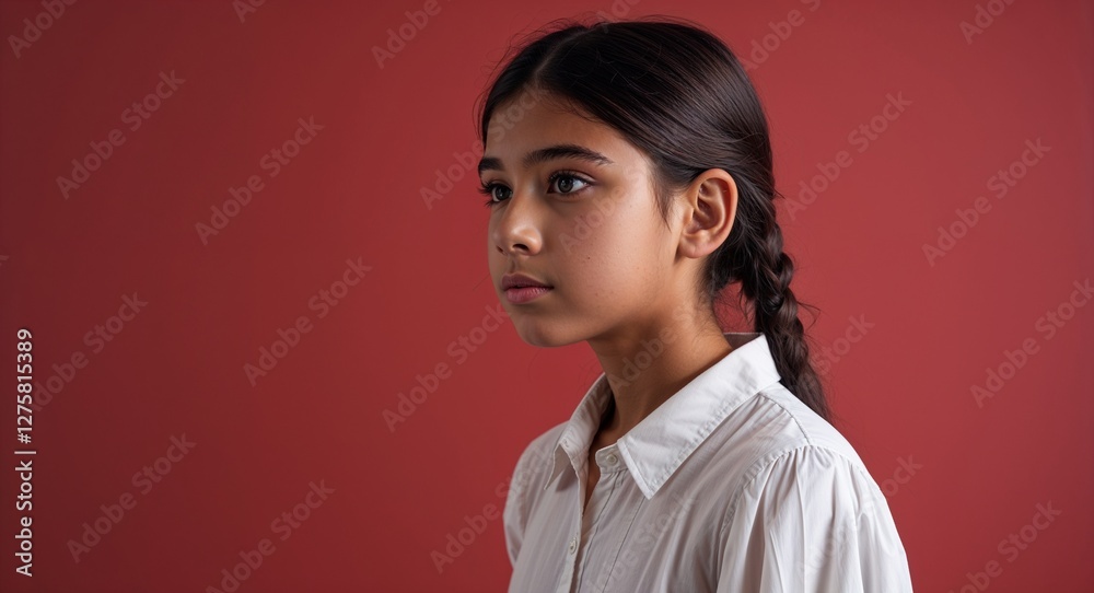 Hispanic girl in plain red background wearing a white blouse young teen side view portrait Hispanic girl in plain red background wearing a white blouse young teen side view portrait