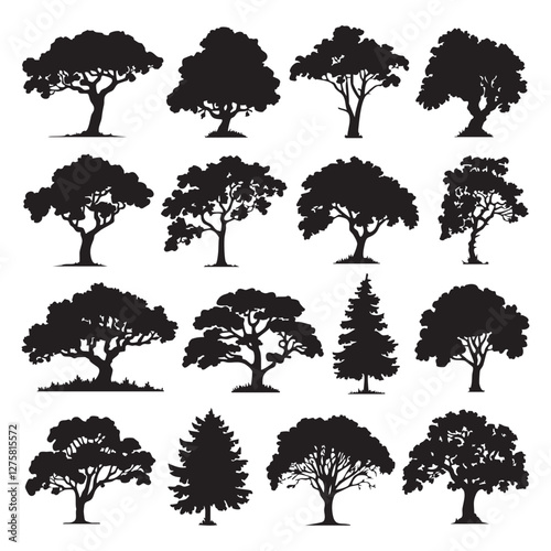 set of trees silhouettes on white background
