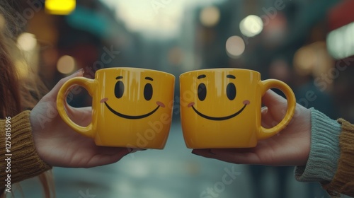 Two bright yellow mugs adorned with smiling faces, held by woman in cozy sweater. International Day of Happiness, International Friendship Day