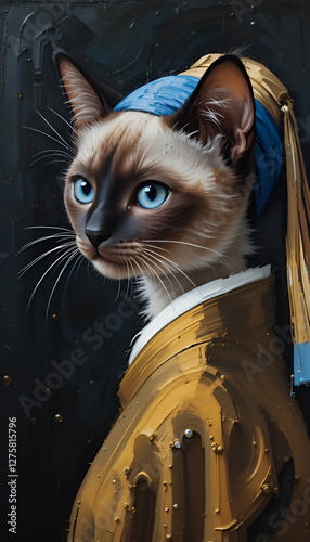 Ai generated oil painting Portrait of a cute Siamese cat Vermeer style of the artwork