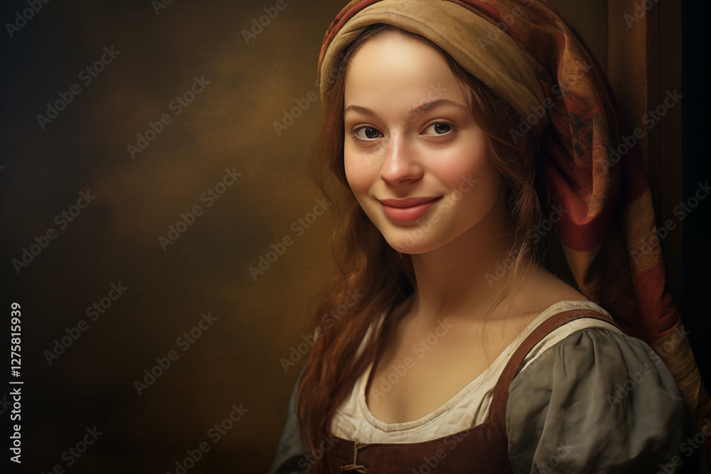 Naklejka premium Smiling Woman in the Medieval Era Radiating Joy and Beauty in Traditional Clothing, Capturing the Essence of Medieval Life, Nobility, and Everyday Happiness in a Historical Portrait of the Middle Age