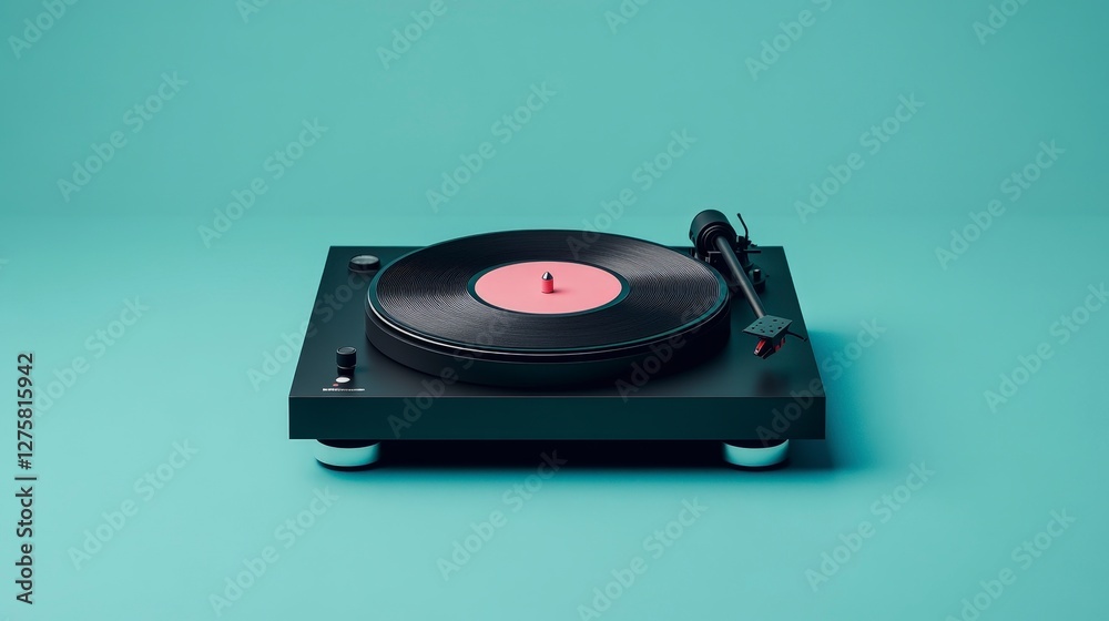 Fototapeta premium Retro Turntable on Turquoise Background with Vinyl Record Playing Music