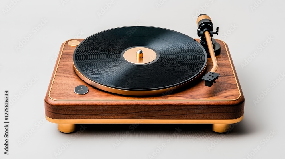 Fototapeta premium Elegant Wooden Turntable with Vinyl Record on a Minimalist Background