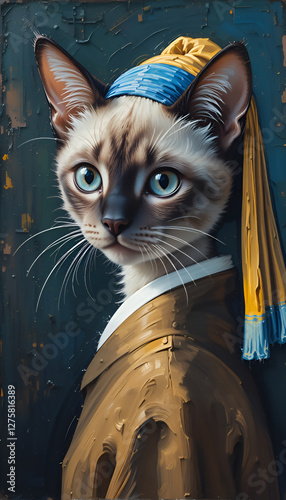 Ai generated oil painting Portrait of a cute Siamese cat Vermeer style of the artwork