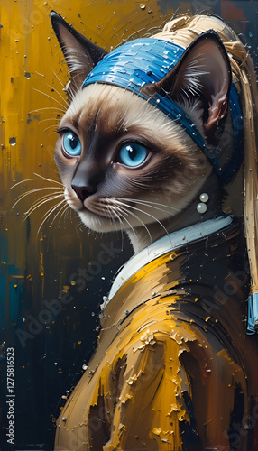 Ai generated oil painting Portrait of a cute Siamese cat Vermeer style of the artwork