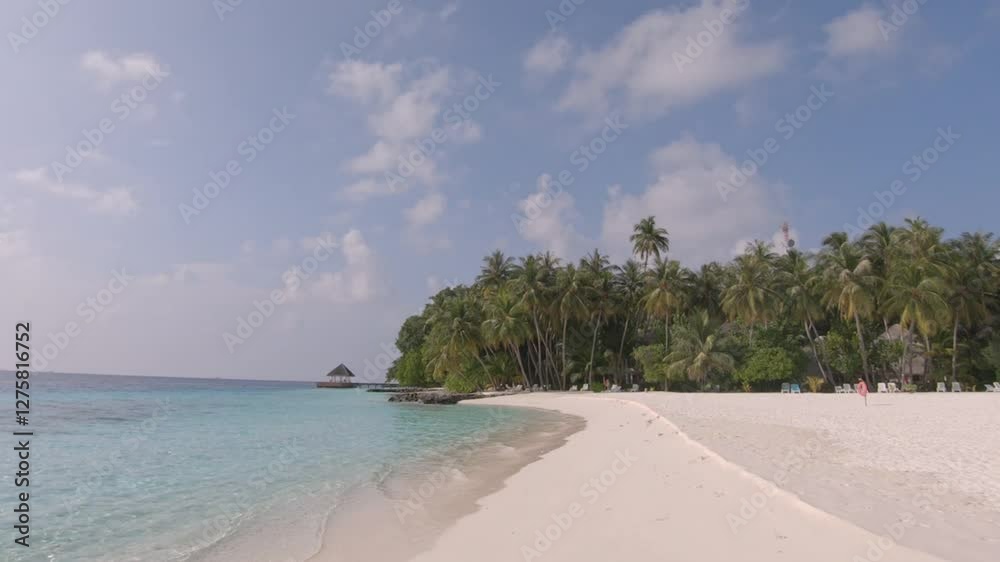 Tropical beach with white sand and palm trees, ocean calming waves, Maldives Tropical beach with white sand and palm trees, ocean calming waves, Maldives