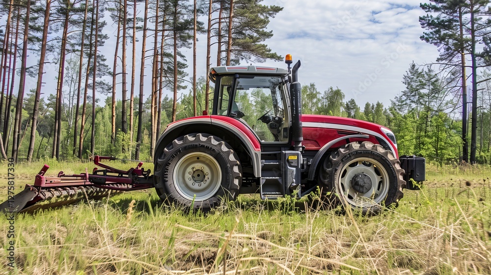 Red tractor in a scenic forest clearing during springtime agriculture. Red tractor in a scenic forest clearing during springtime agriculture.