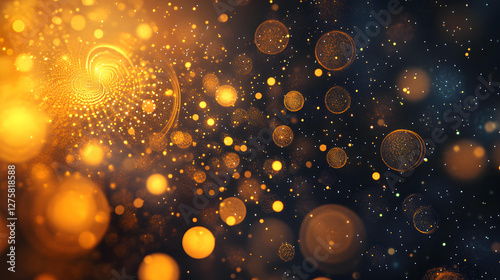 Abstract Golden and Dark Blue Sparkle Background with Bokeh Lights and Swirling Energy