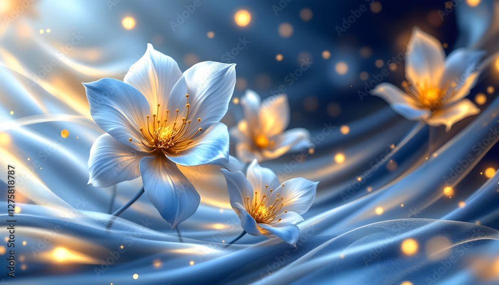 Fototapeta premium A dreamy floral composition with blue and golden flowers arranged in a swirling wave-like pattern, enhanced by soft lighting, subtle sparkles, and flowing ribbon-like elements.
