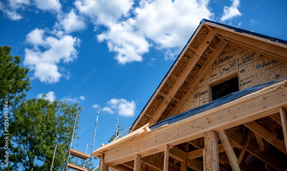 Construction Site Shows New Home Framing with Blue Sky Backdrop Construction Site Shows New Home Framing with Blue Sky Backdrop