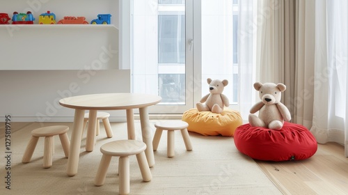 Stylish playroom design featuring wooden furniture and colorful toys for child care spaces photo