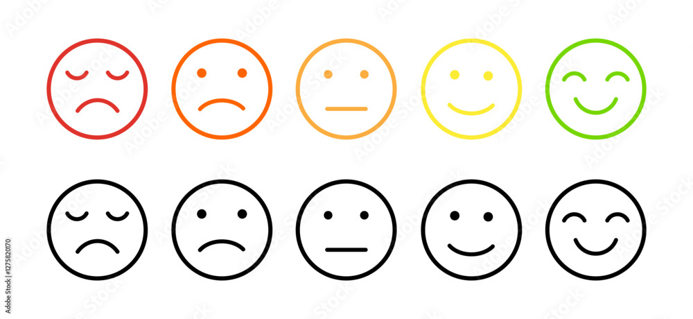 Feedback emoji icon set customer satisfaction rating signs, sad happy emoticons symbol, bad good faces expression gauge thin line medium ace reaction colorful service symbols, vector illustration. Feedback emoji icon set customer satisfaction rating signs, sad happy emoticons symbol, bad good faces expression gauge thin line medium ace reaction colorful service symbols, vector illustration.
