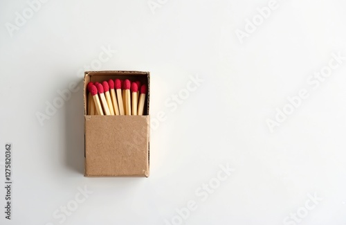Opened matchbox mockup isolated on white background. Cardboard box with red matches. Flammable wooden matchsticks for camping, home safety or survival kit.