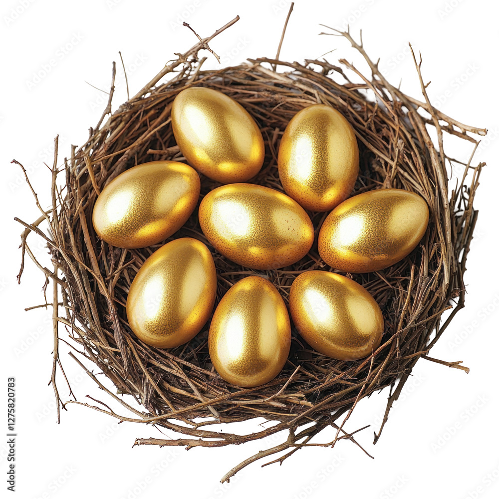 Fototapeta premium Golden eggs nestled in a natural nest setting isolated on png transparent background, cut out