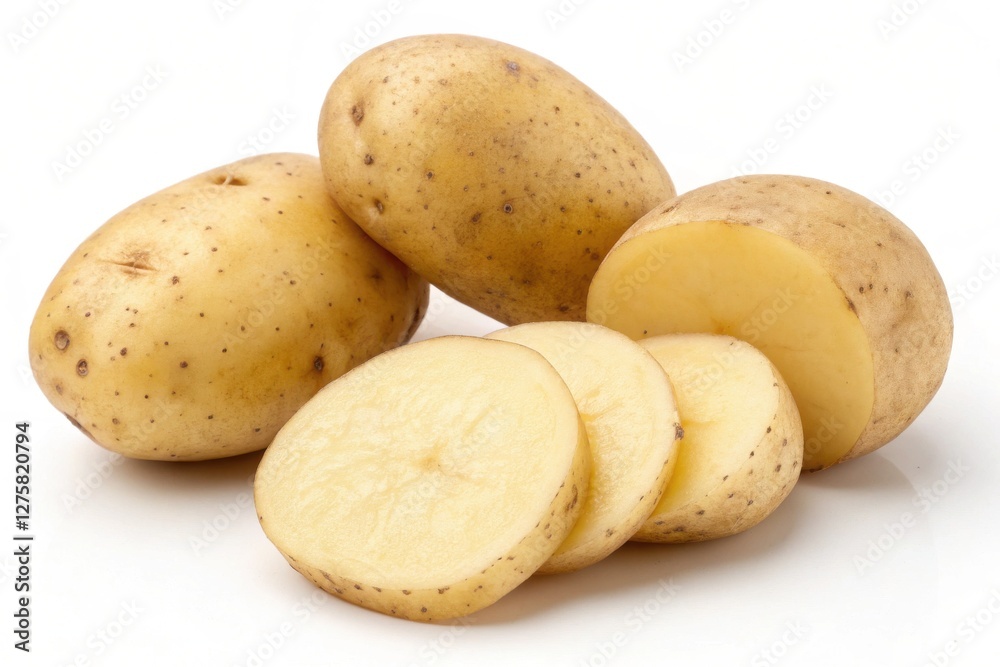Fresh Potatoes and Slices on White Background - Perfect for Culinary and Nutritional Uses Fresh Potatoes and Slices on White Background - Perfect for Culinary and Nutritional Uses