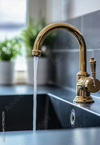 Close-up of a brass tap from which water flows into the sink of a modern kitchen. 