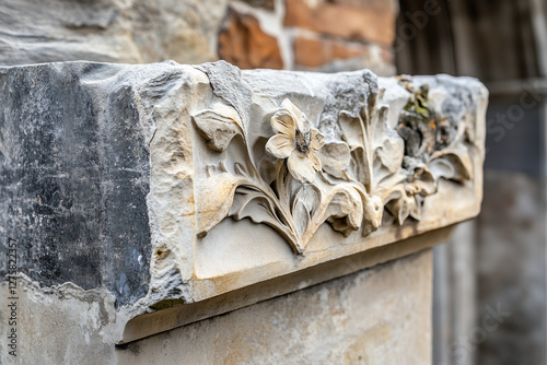 Detail of a remnant of a floral decoration in bas-relief on marble. 