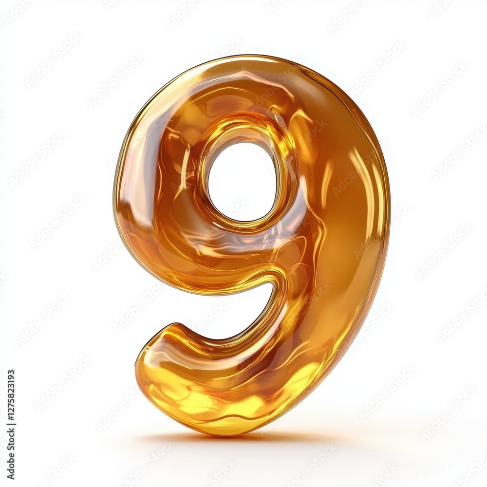 Number 9 made of thick golden caramel with glossy reflections isolated on a clean white background Number 9 made of thick golden caramel with glossy reflections isolated on a clean white background