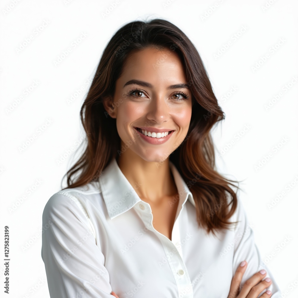 Smiling hispanic businesswoman in white shirt isolated on transparent background. Brunette lady with crossed arms looks at camera. Confident successful person. Beauty, elegance, charm. Smiling hispanic businesswoman in white shirt isolated on transparent background. Brunette lady with crossed arms looks at camera. Confident successful person. Beauty, elegance, charm.