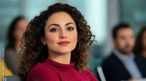Confident Woman with Curly Hair in a Business Meeting Setting