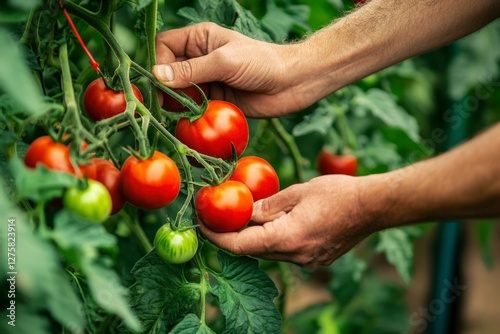 A hands Harvesting Ripe Tomatoes in a Garden