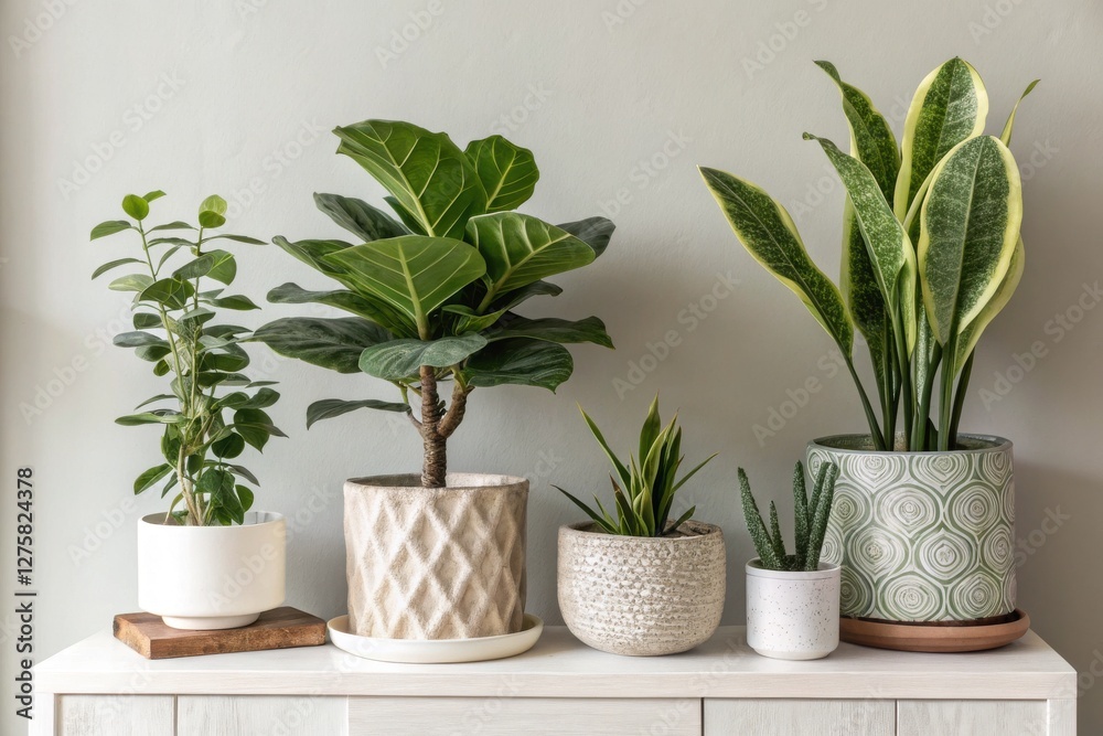 Lush Assorted Indoor Plants Elegantly Displayed on a Wooden Shelf in a Minimalist Room Setting Lush Assorted Indoor Plants Elegantly Displayed on a Wooden Shelf in a Minimalist Room Setting