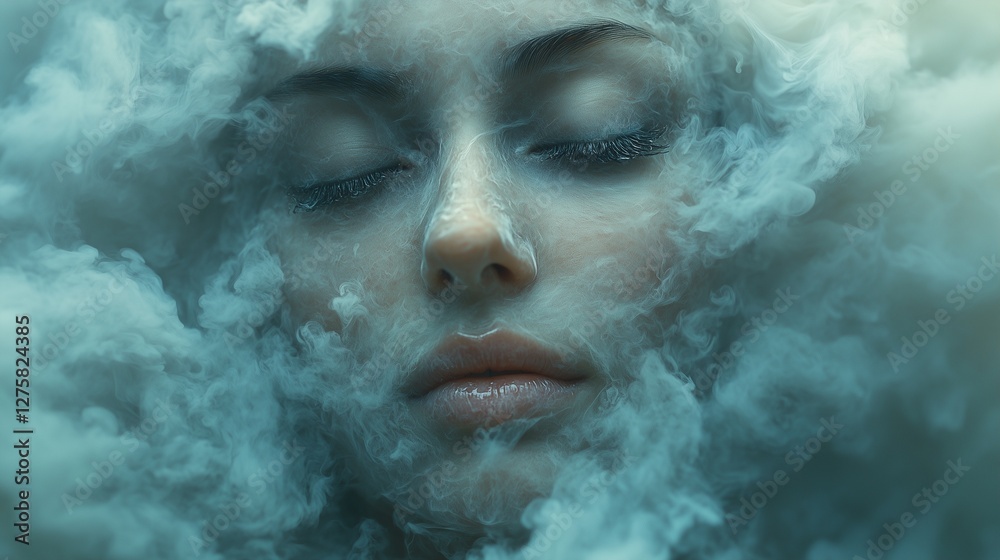A serene face emerges from swirling clouds with closed eyes and a peaceful expression A serene face emerges from swirling clouds with closed eyes and a peaceful expression