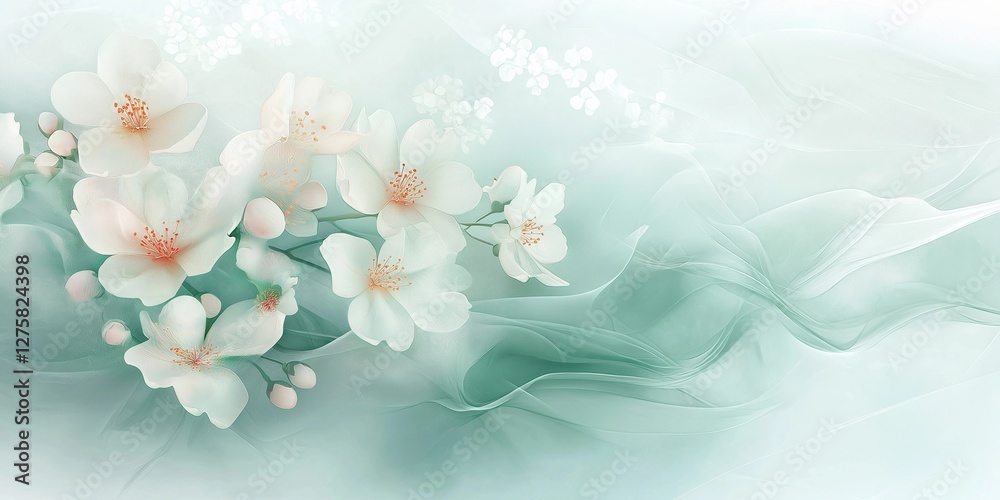 Delicate white blossoms with soft peach centers gracefully arranged against a flowing, airy teal background, creating a serene and elegant composition Delicate white blossoms with soft peach centers gracefully arranged against a flowing, airy teal background, creating a serene and elegant composition