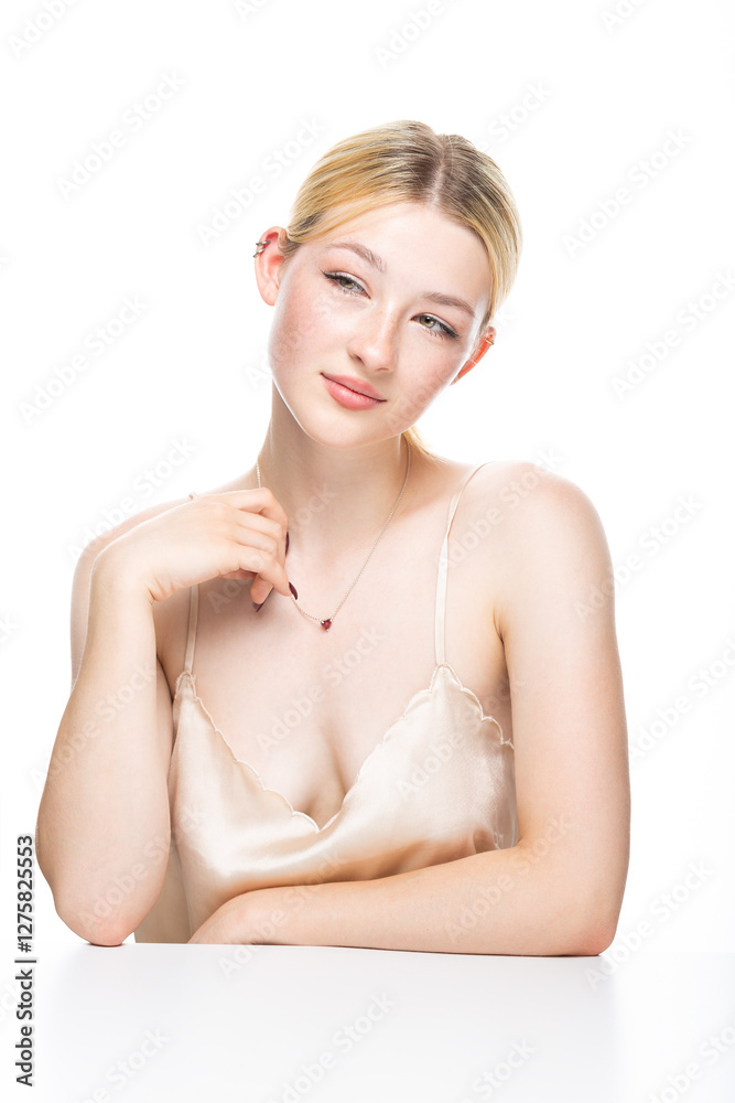 Obraz premium A young blonde girl with freckles in a golden top. Beauty portrait of a woman on a white background in the studio.