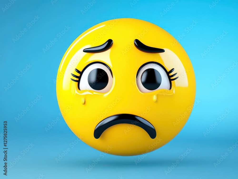 Fototapeta premium Yellow ball with a sad face illustration on a white background for emotional expression concept