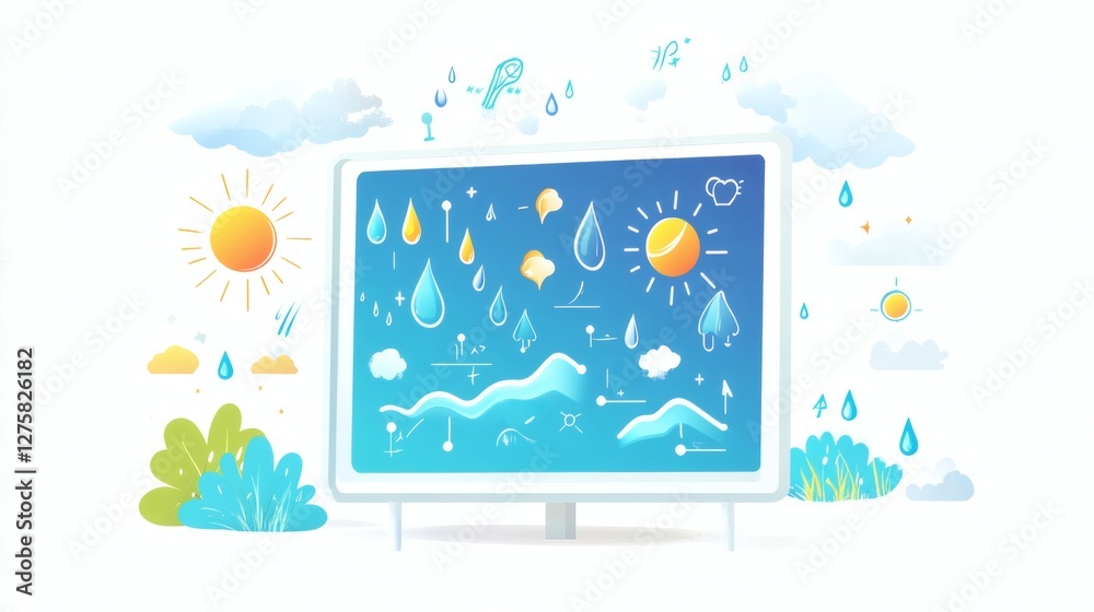 Fototapeta premium Weather Forecast Illustration with Sun, Rain, Clouds, and Nature