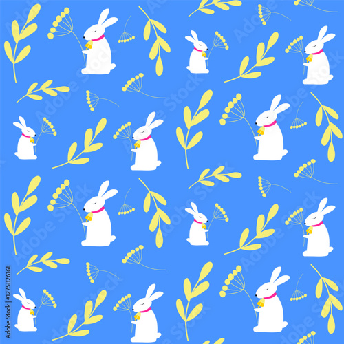 Seamless bright spring, summer floral vector pattern with white rabbit or Easter bunny . Background with cute animal, small plants, flowers, berries, leaves. 
