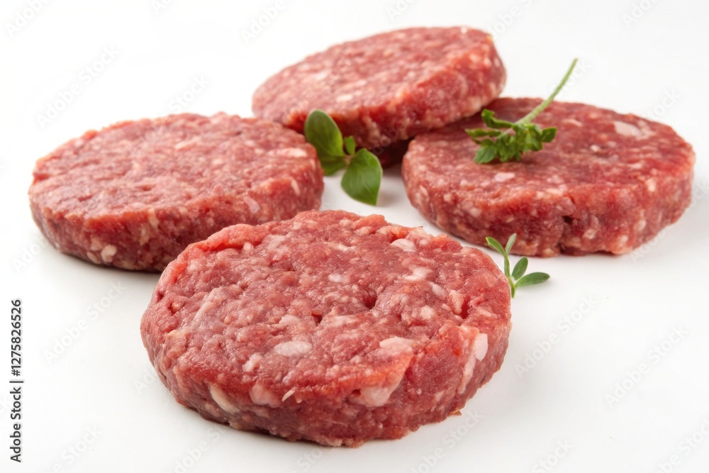 Raw Beef Patties on White Background with Herbs - Ideal for Cooking or Grilling Raw Beef Patties on White Background with Herbs - Ideal for Cooking or Grilling