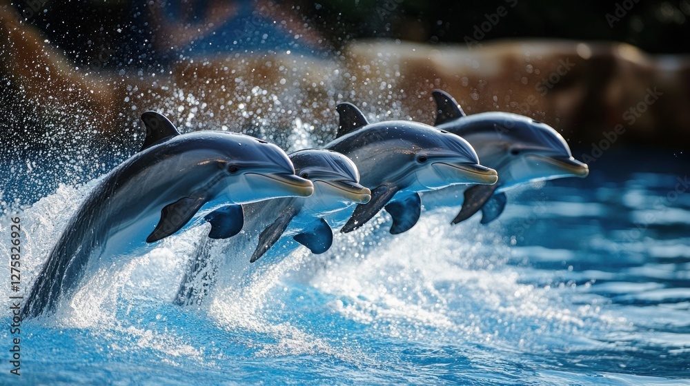 Fototapeta premium Three Dolphins Leaping Gracefully Through the Water