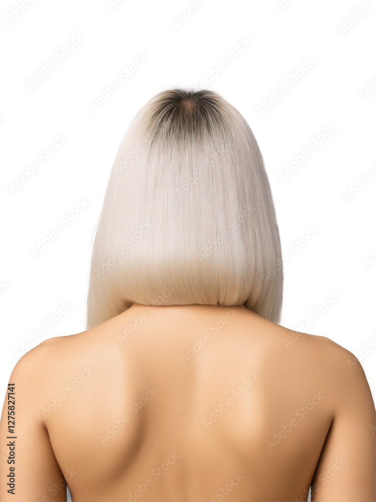 Naklejka premium High ponytail with sleek straight hair, platinum blonde color, on an Asian woman aged 25-30 years old, for a chic, modern look.