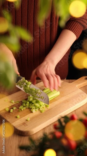 Woman Chopping Fresh Celery in a Cozy Kitchen