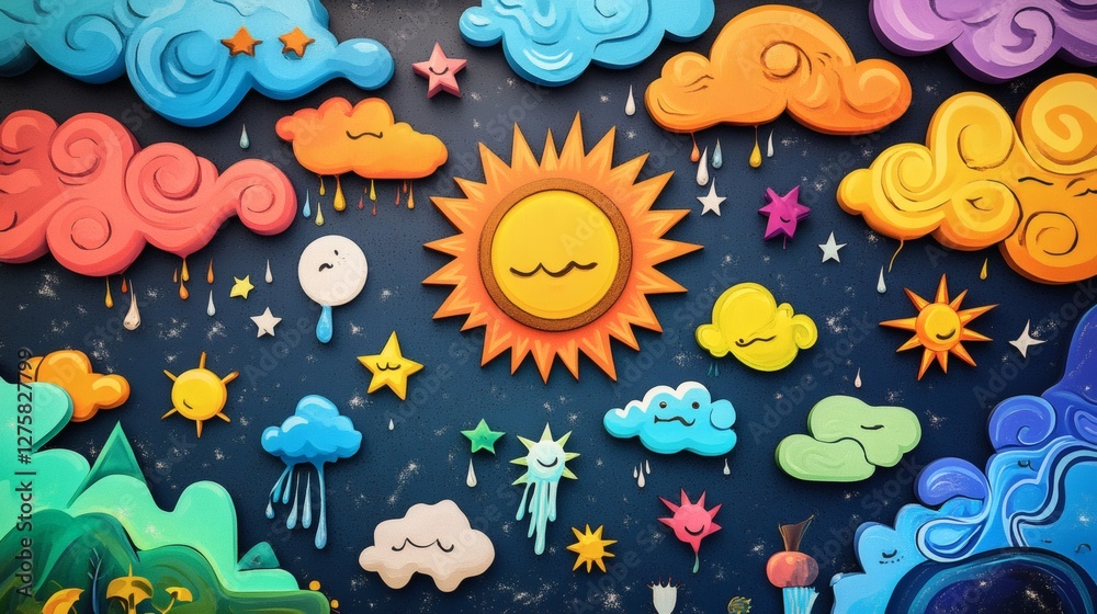 Fototapeta premium Colorful Abstract Wall Art with Sun and Whimsical Clouds Design
