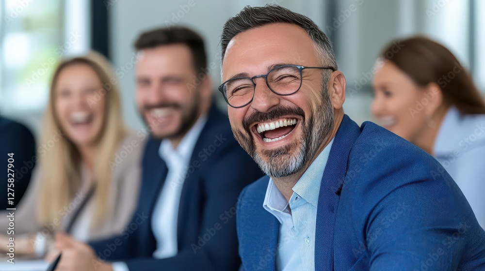 Diverse businesspeople laughing during a meeting around an offic Diverse businesspeople laughing during a meeting around an offic