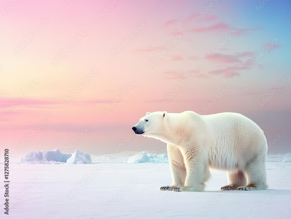Fototapeta premium Polar bear walking across a snow covered field in a natural winter landscape